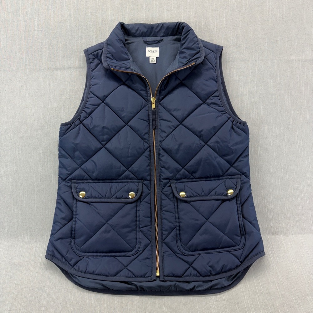 J.Crew Quilted Vest Women XS Excursion Navy Blue Gold Zip Snap Pockets